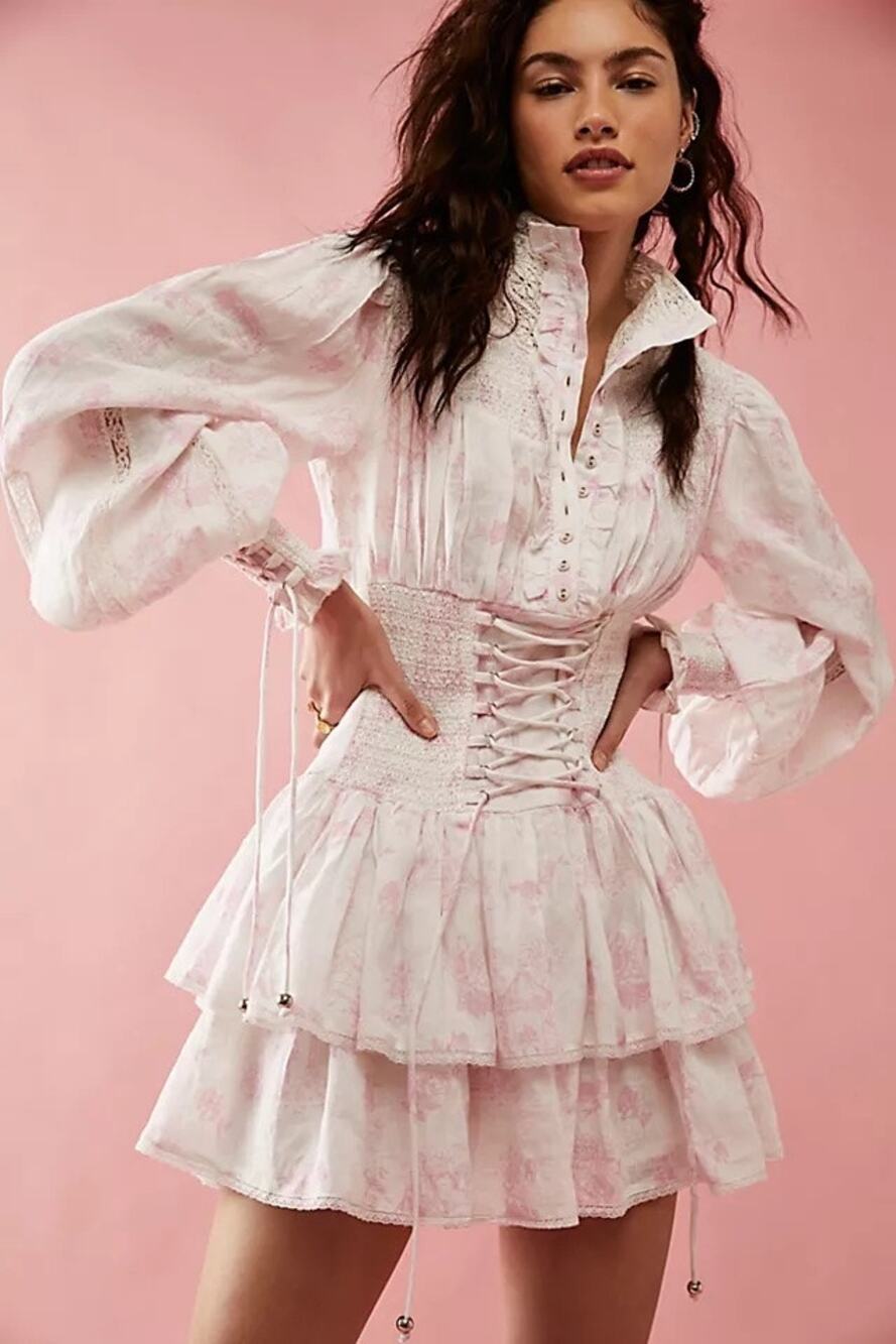 FillyBoo Gazebo Linen Toile Pink Floral Mini Dress XS